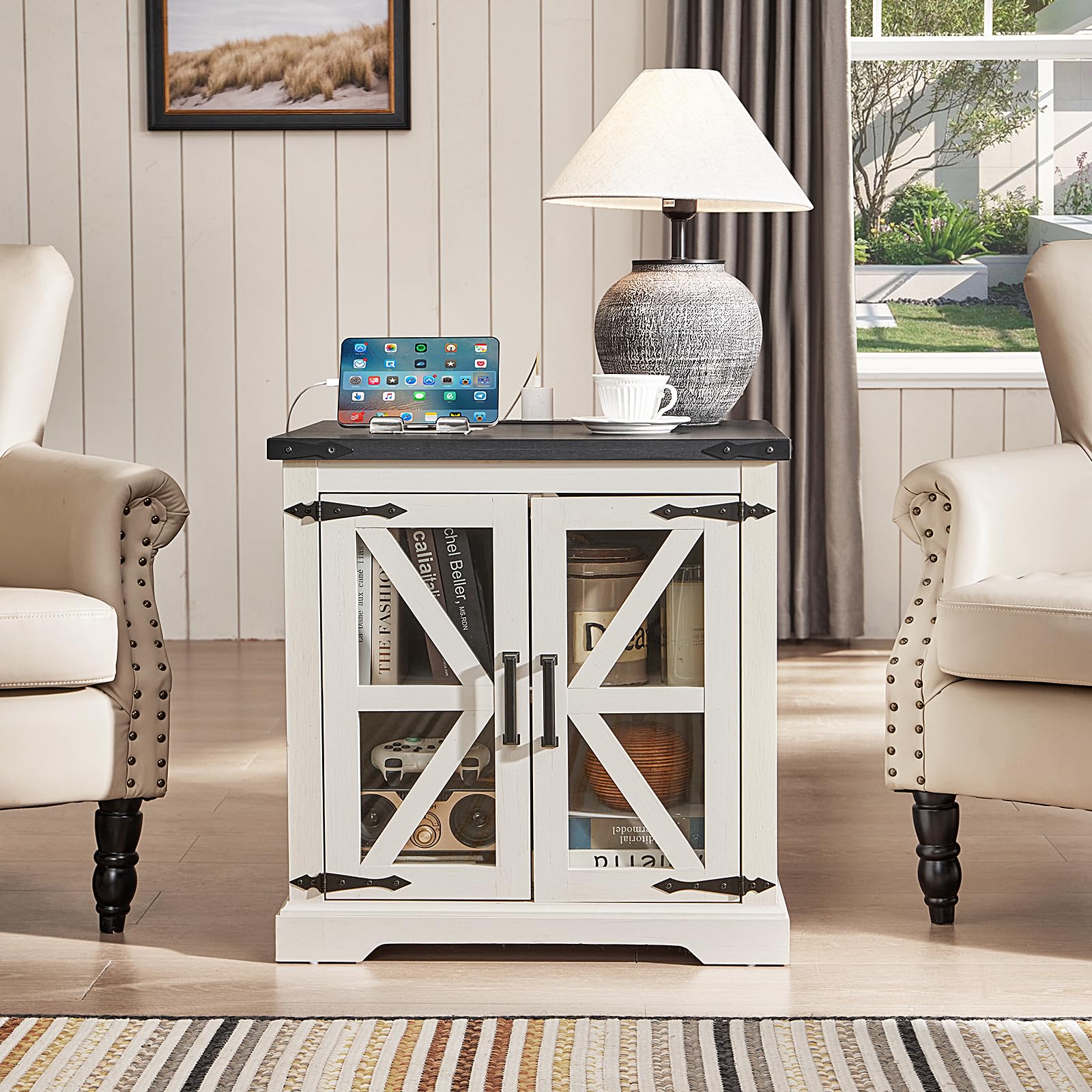 White nightstand with cabinet door, X-style braces, open shelf, flat top