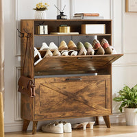 Narrow shoe storage cabinet with flip drawer, open shelves and visible shoe rows