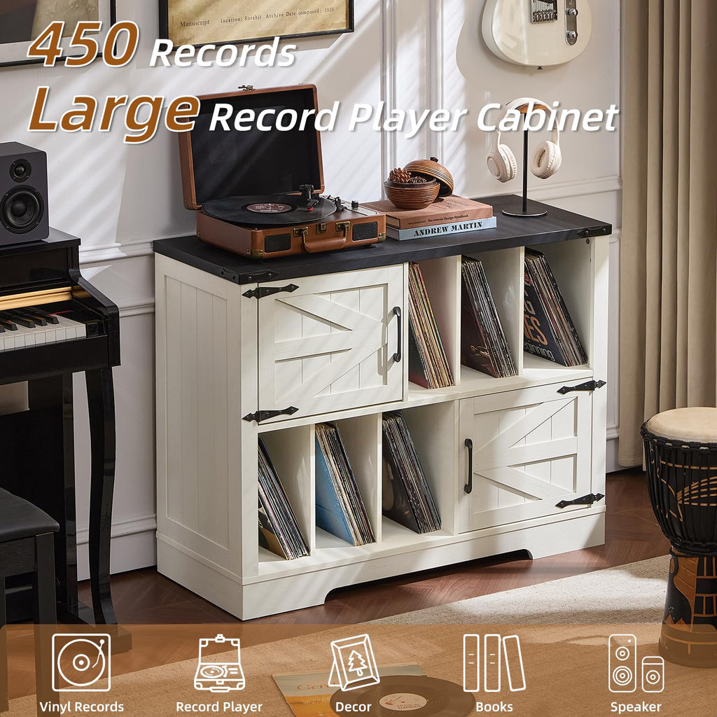 White record player cabinet with barn doors and open shelves for vinyl record storage