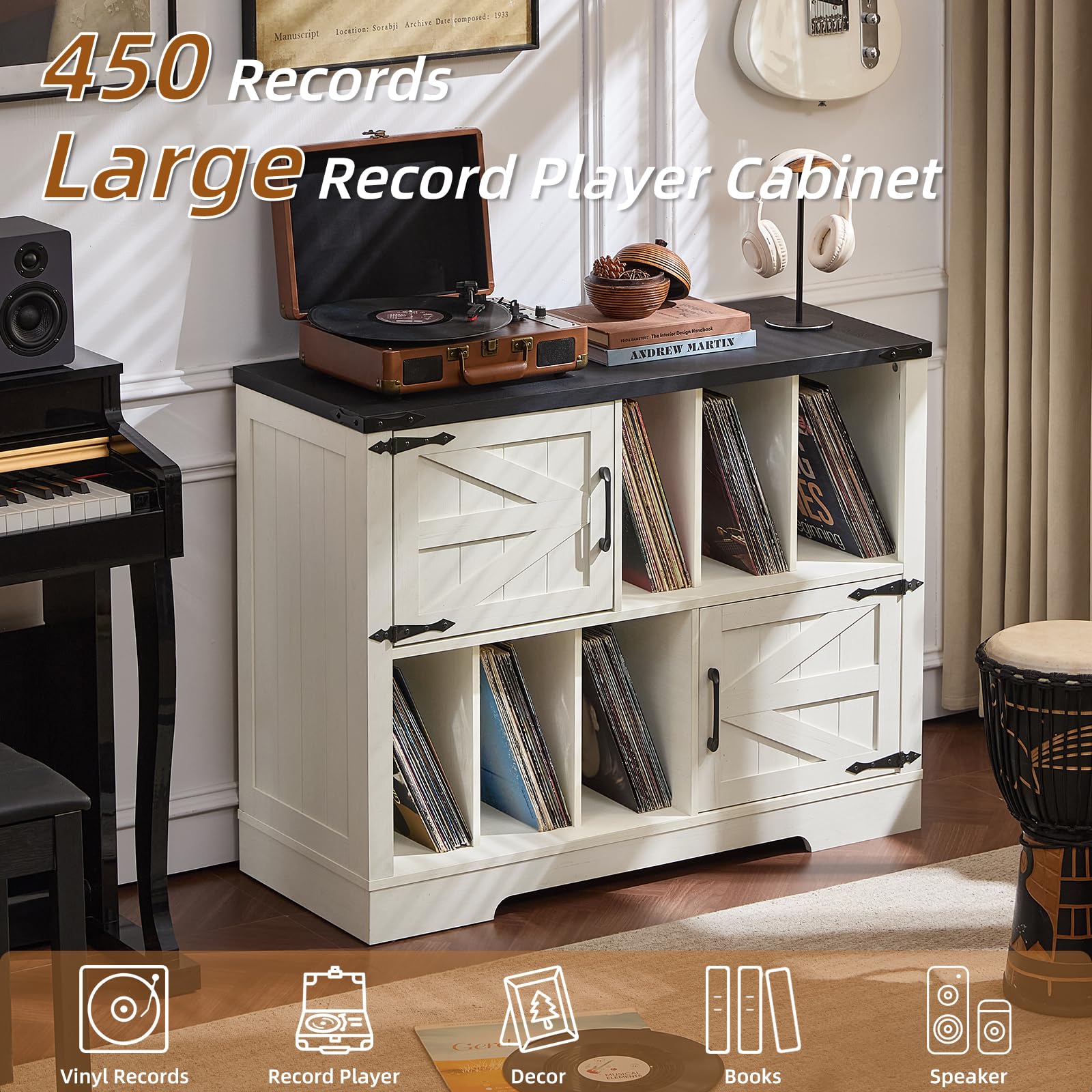 White record player cabinet with barn doors and open shelves for vinyl record storage