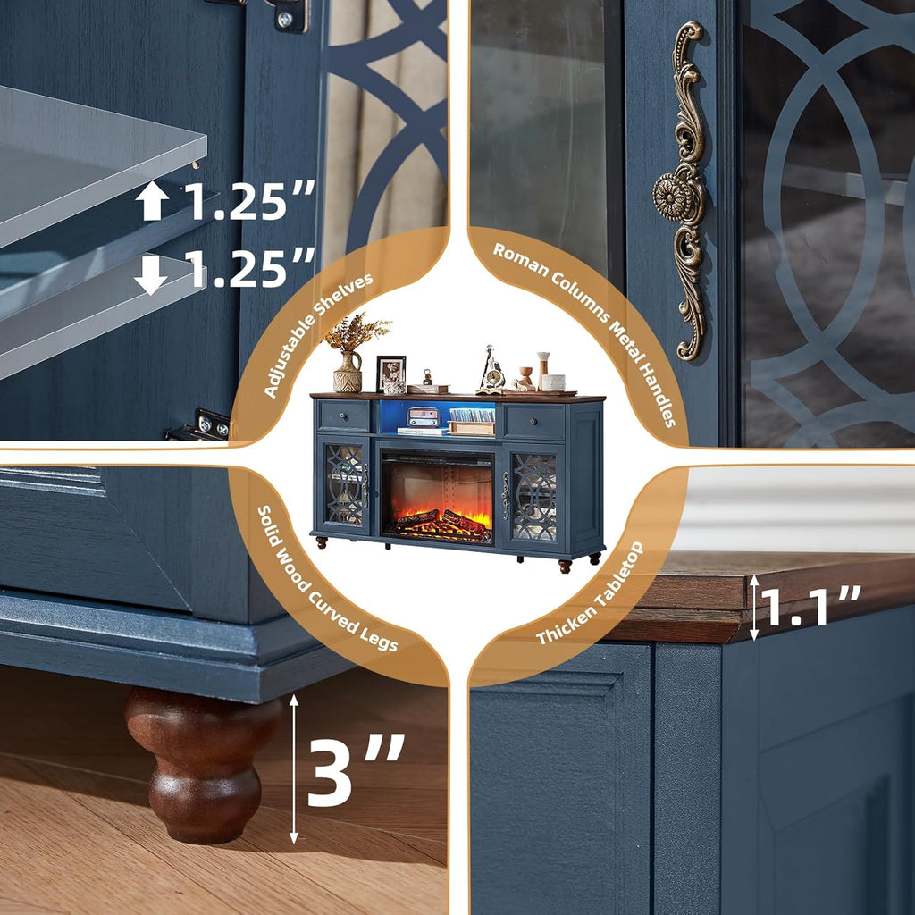 Blue TV stand with electric fireplace, adjustable shelves, and thick tabletop