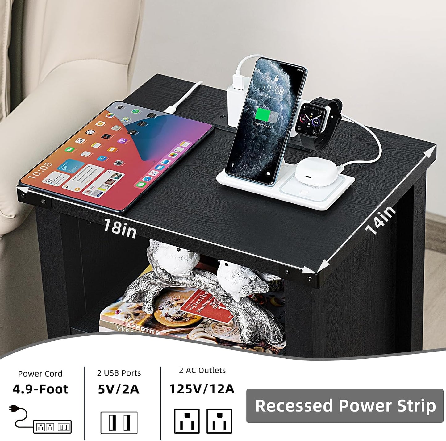 Joaxswe 18-Inch Nightstand with Charging Station and Fluted Door,Dark Blue | 18-inch bedside table with AC and USB charging, open storage and a magnetic fluted door for bedroom essentials