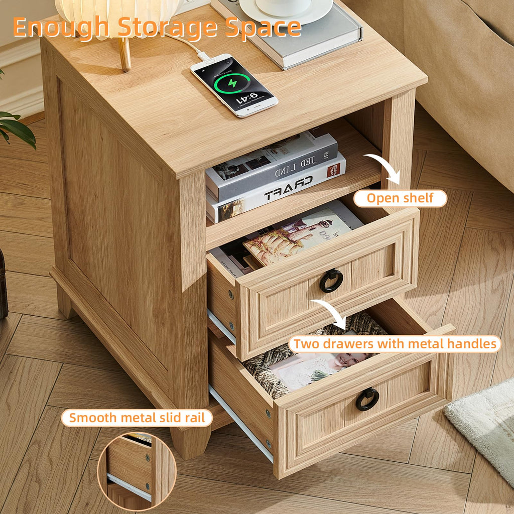Light wood nightstand with 2 drawers, open shelf, and round metal pulls.