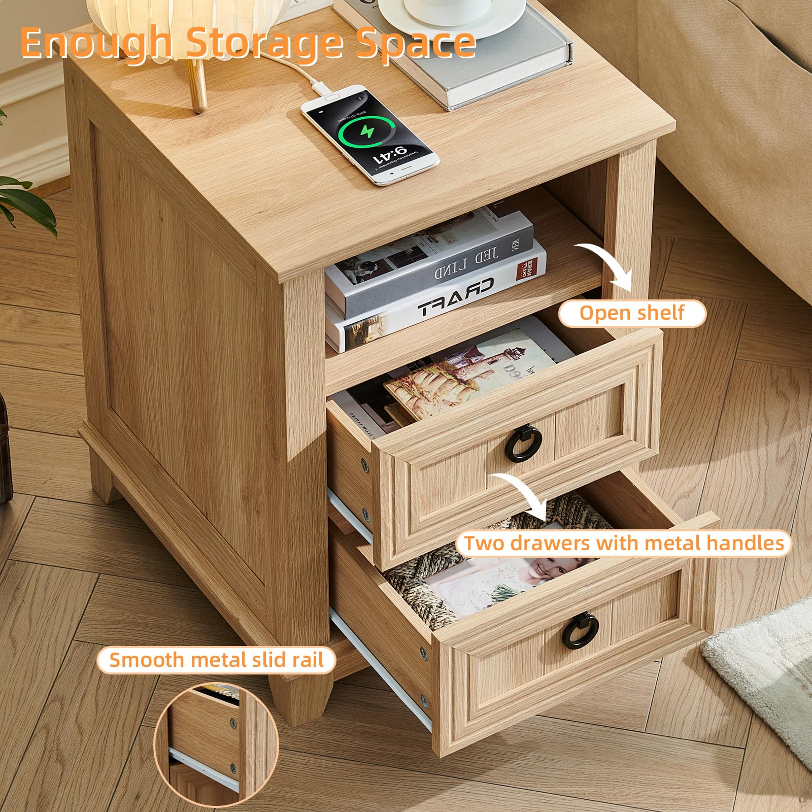 Light wood nightstand with 2 drawers, open shelf, and round metal pulls.