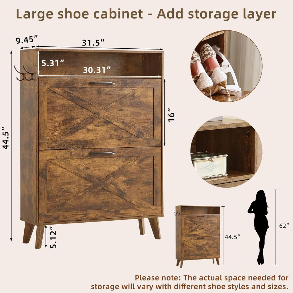 Shoe storage cabinet with two flip drawers and open shelves, dark wood finish