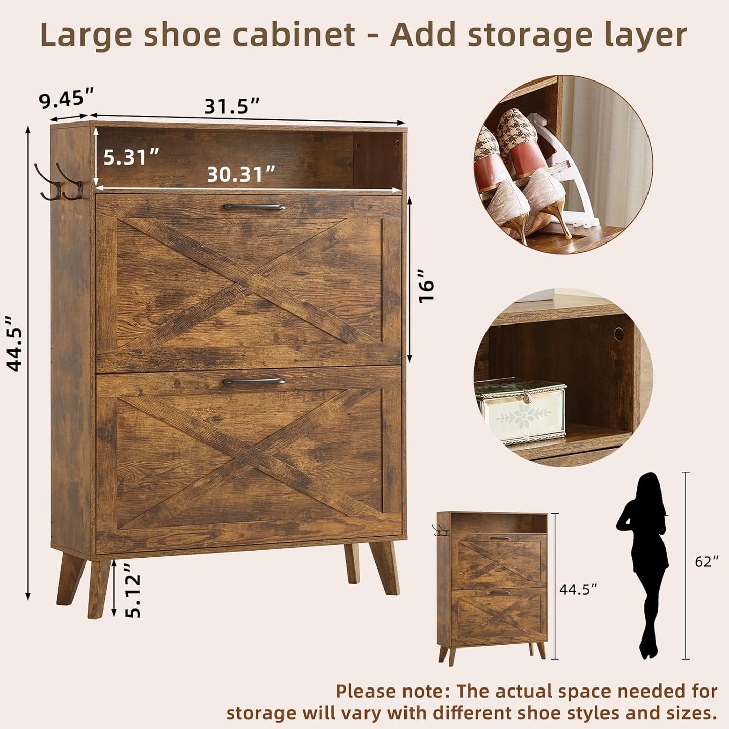 Shoe storage cabinet with two flip drawers and open shelves, dark wood finish