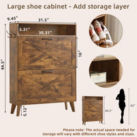 Shoe storage cabinet with two flip drawers and open shelves, dark wood finish