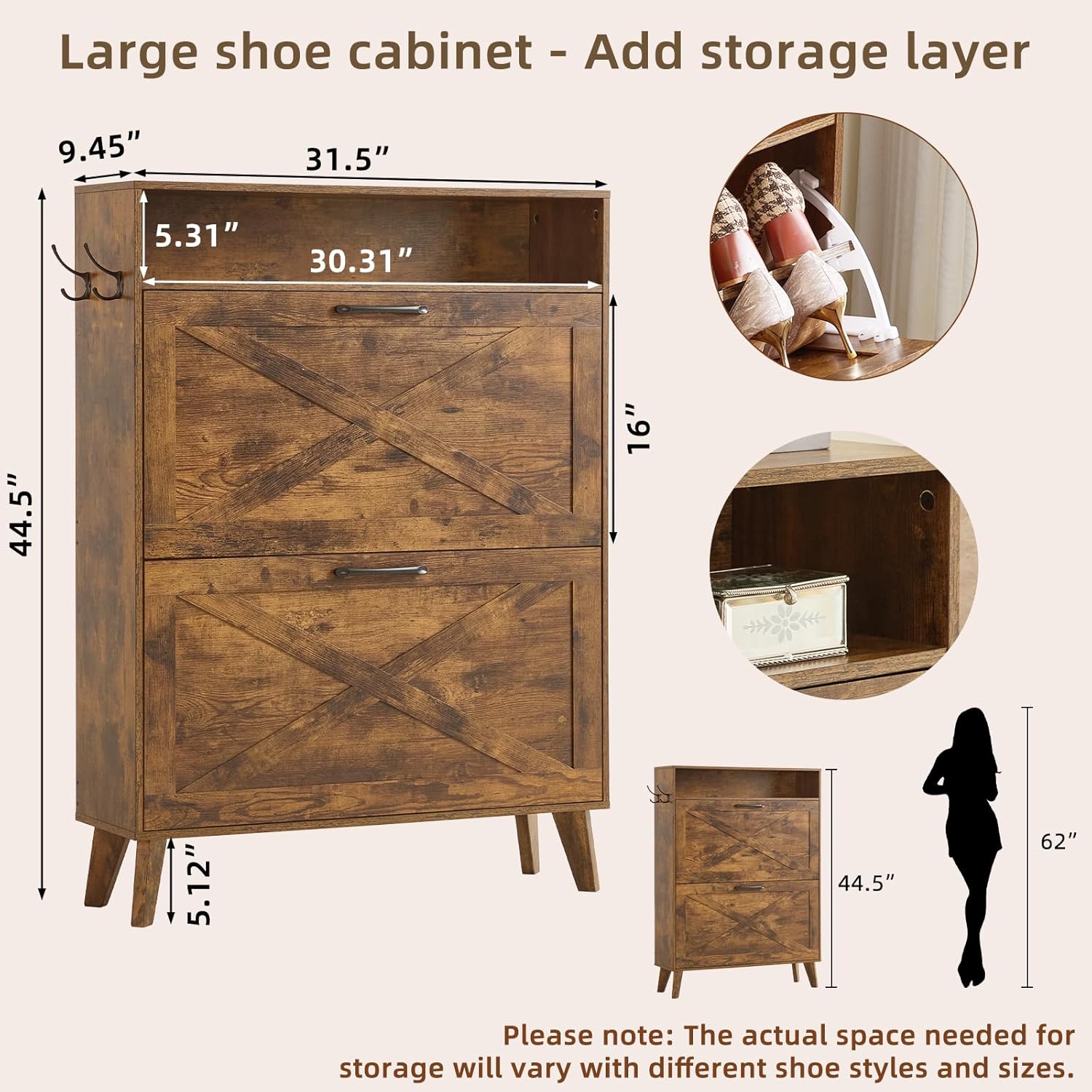 Shoe storage cabinet with two flip drawers and open shelves, dark wood finish
