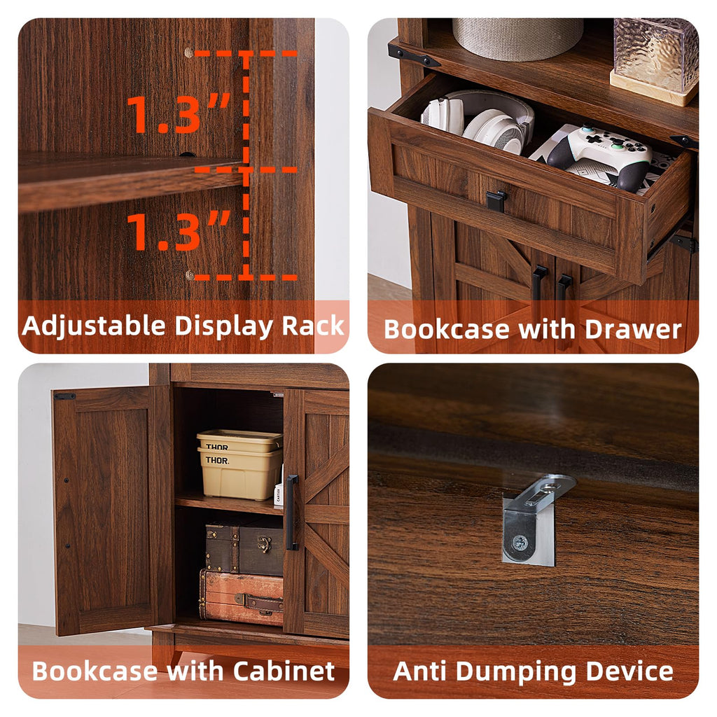 Brown wood cabinet-style bookcase with adjustable shelving and side drawers