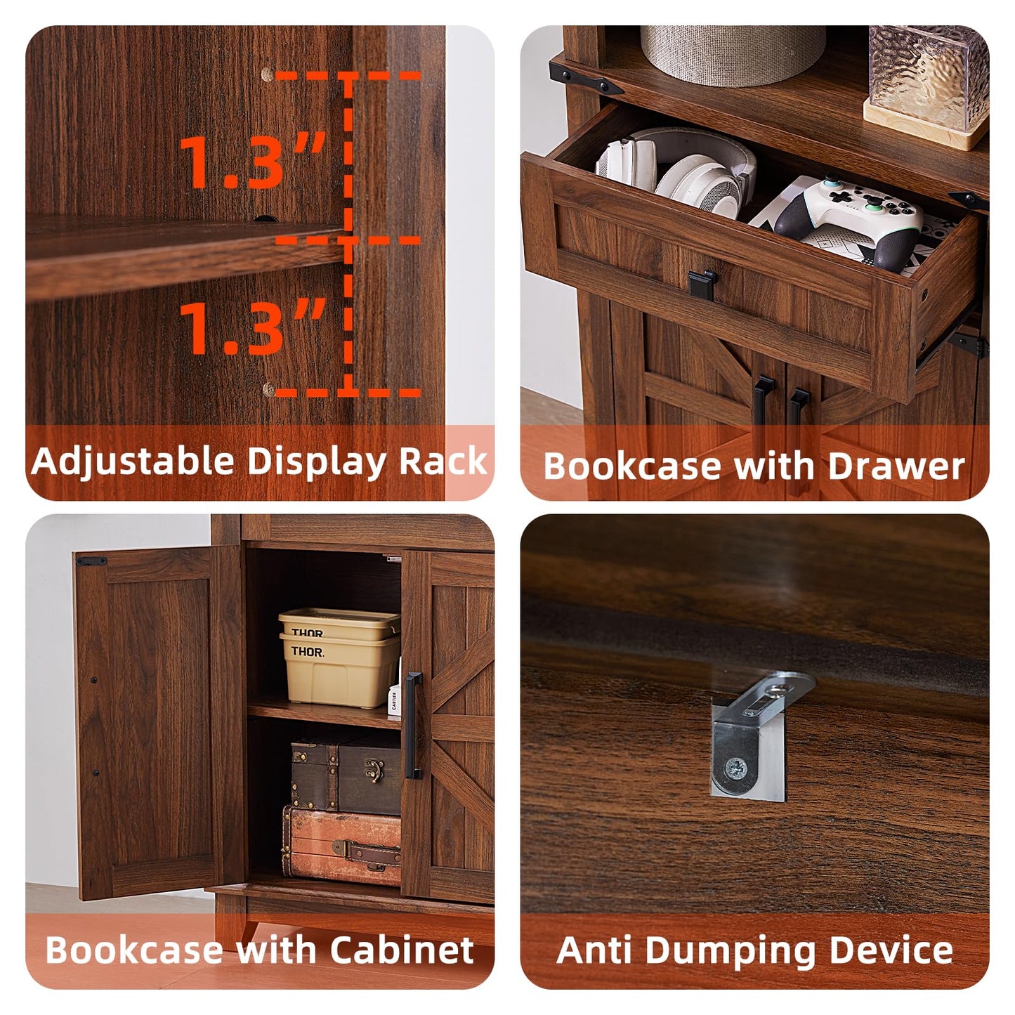 Brown bookcase diagram: adjustable display rack, drawer, cabinet, and anti-dumping device