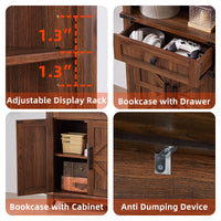 Brown bookcase diagram: adjustable display rack, drawer, cabinet, and anti-dumping device