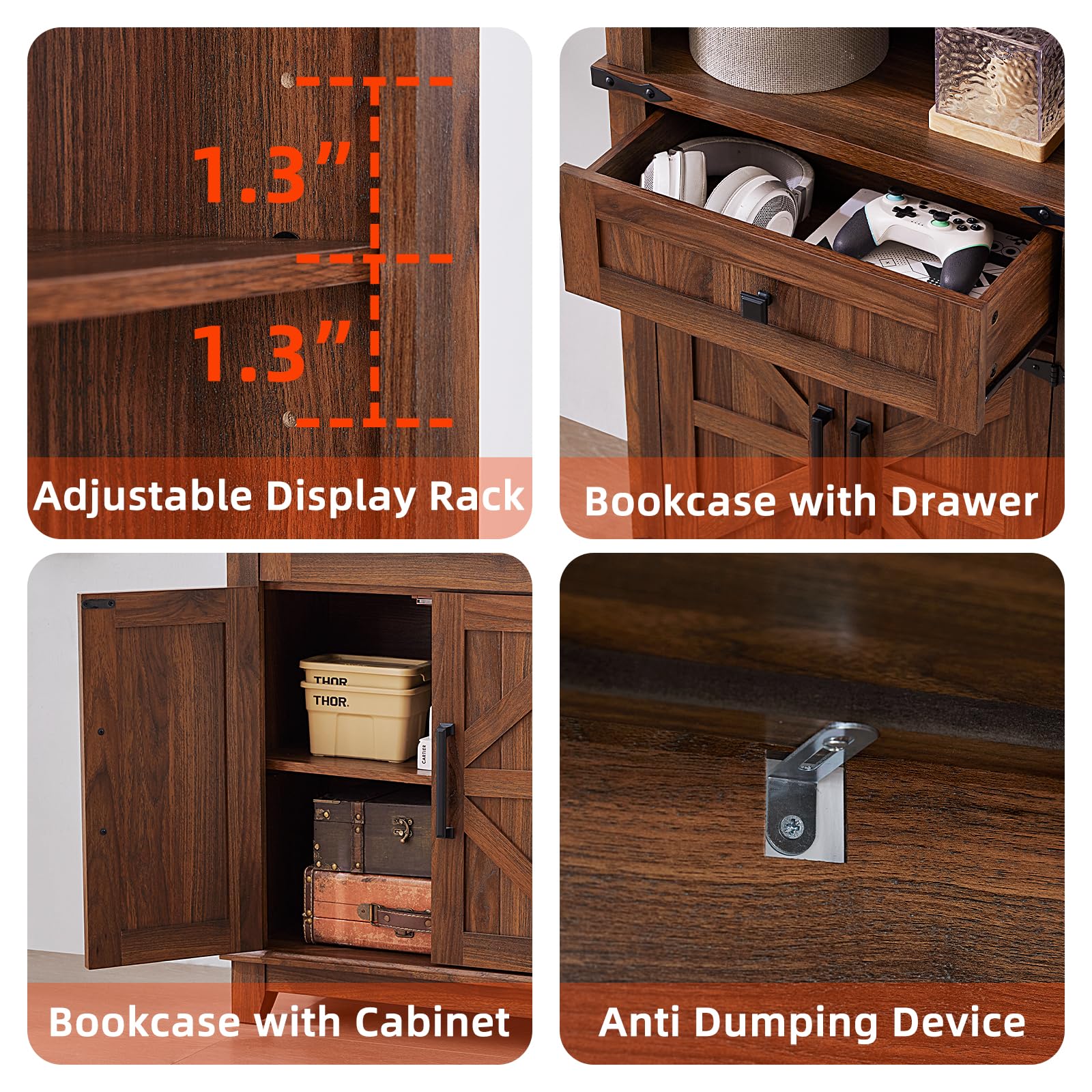 Brown wood cabinet-style bookcase with adjustable shelving and side drawers