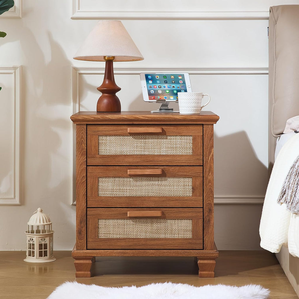 Tea brown nightstand with 3 drawers and woven front panels