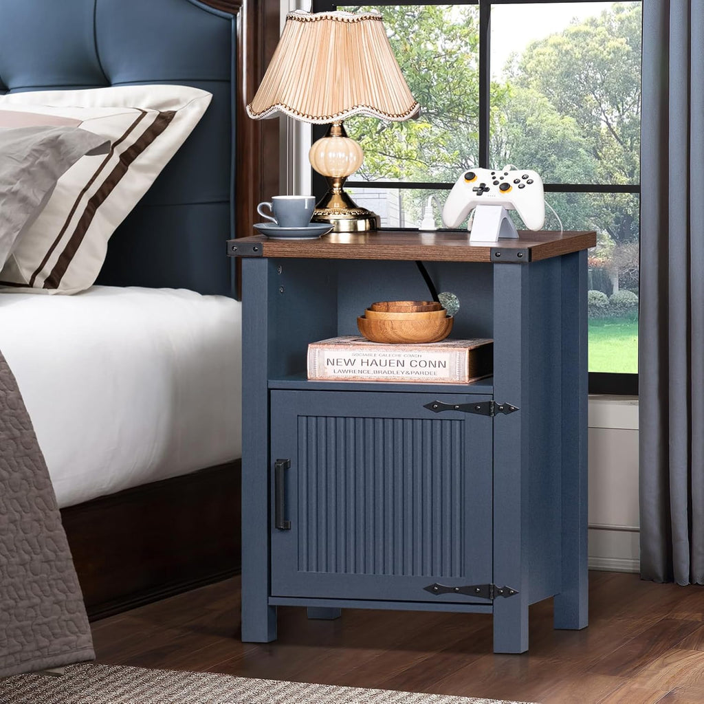 Blue farmhouse nightstand with wood top, open shelf, magnetic cabinet door in bedroom