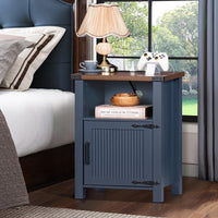 Joaxswe 18-Inch Nightstand with Charging Station and Fluted Door,Dark Blue | 18-inch bedside table with AC and USB charging, open storage and a magnetic fluted door for bedroom essentials