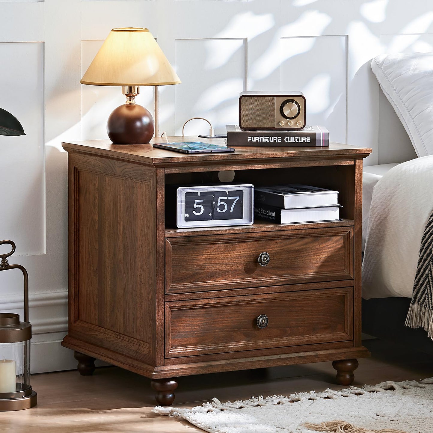 Brown 2-drawer nightstand dresser with round knobs and rounded feet