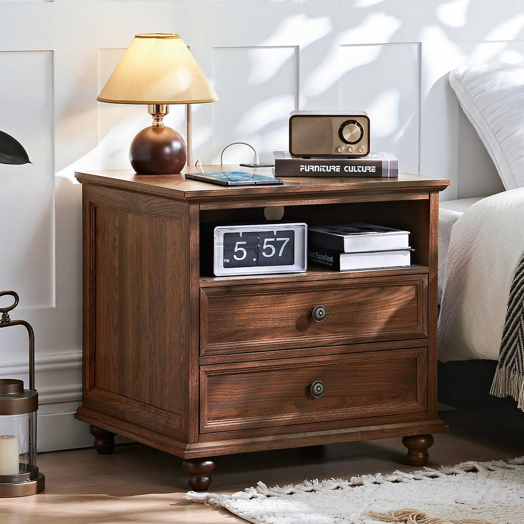 Dark wood dresser with two drawers, round knobs, and a lower open storage shelf