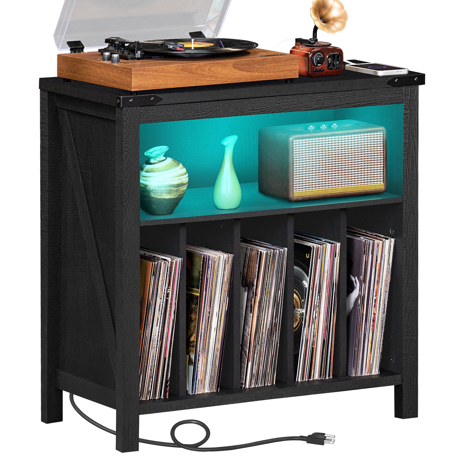 Black record player stand with open record shelves and illuminated storage compartment.