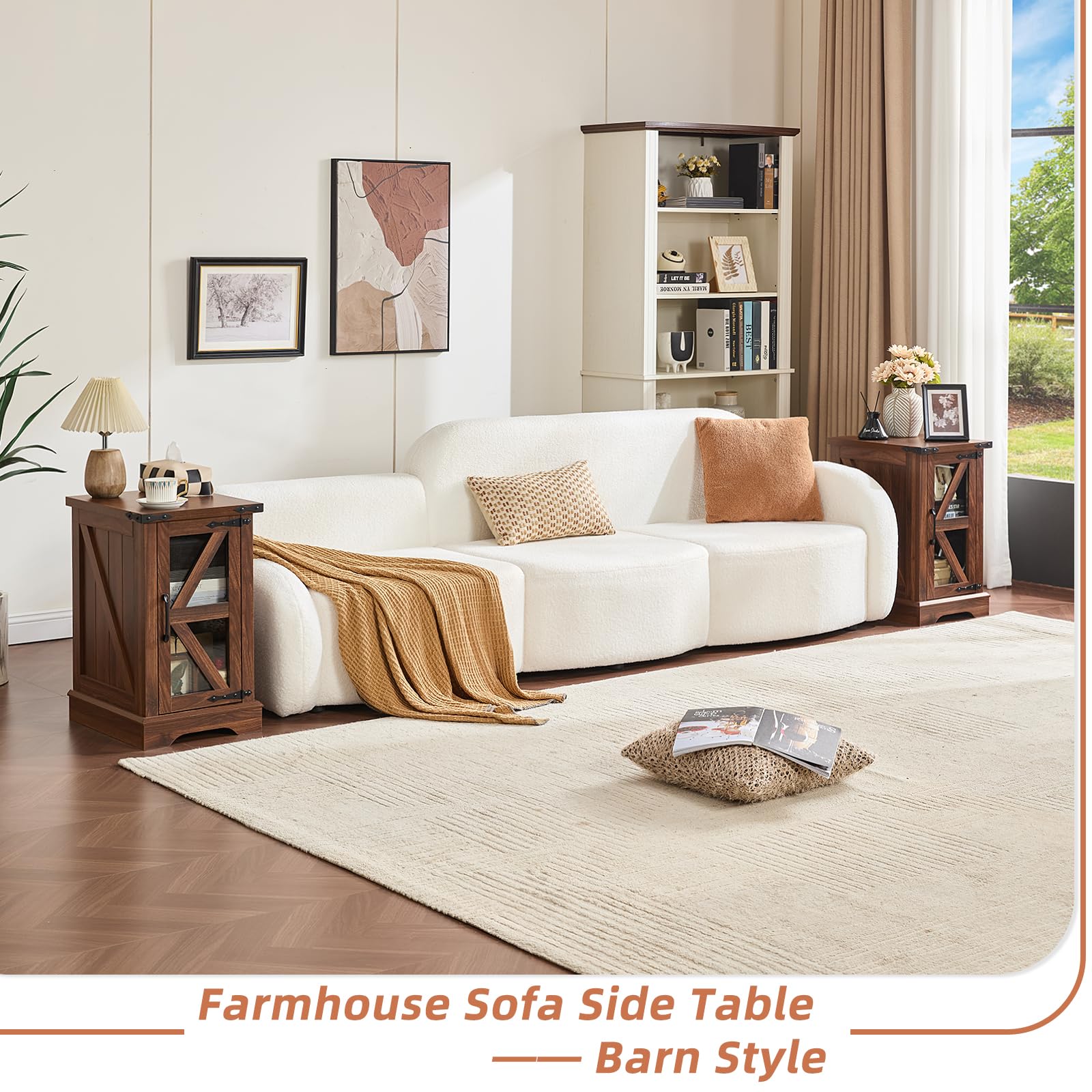 Brown wood farmhouse side table with open shelf and decorative X-frame panels