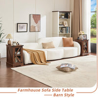 Dark brown farmhouse sofa side table with open shelf and X-style cabinet panels
