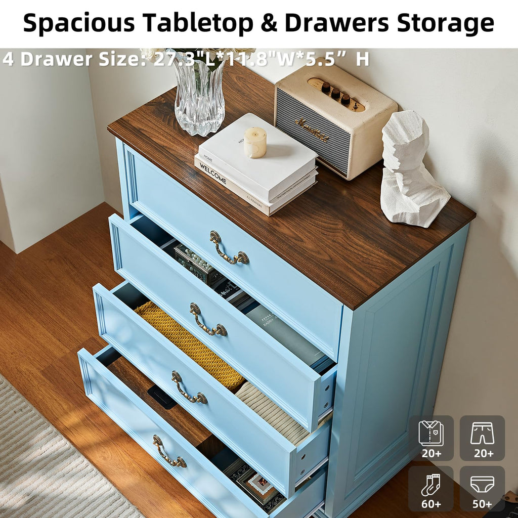 Blue dresser with open drawers and dark wood tabletop