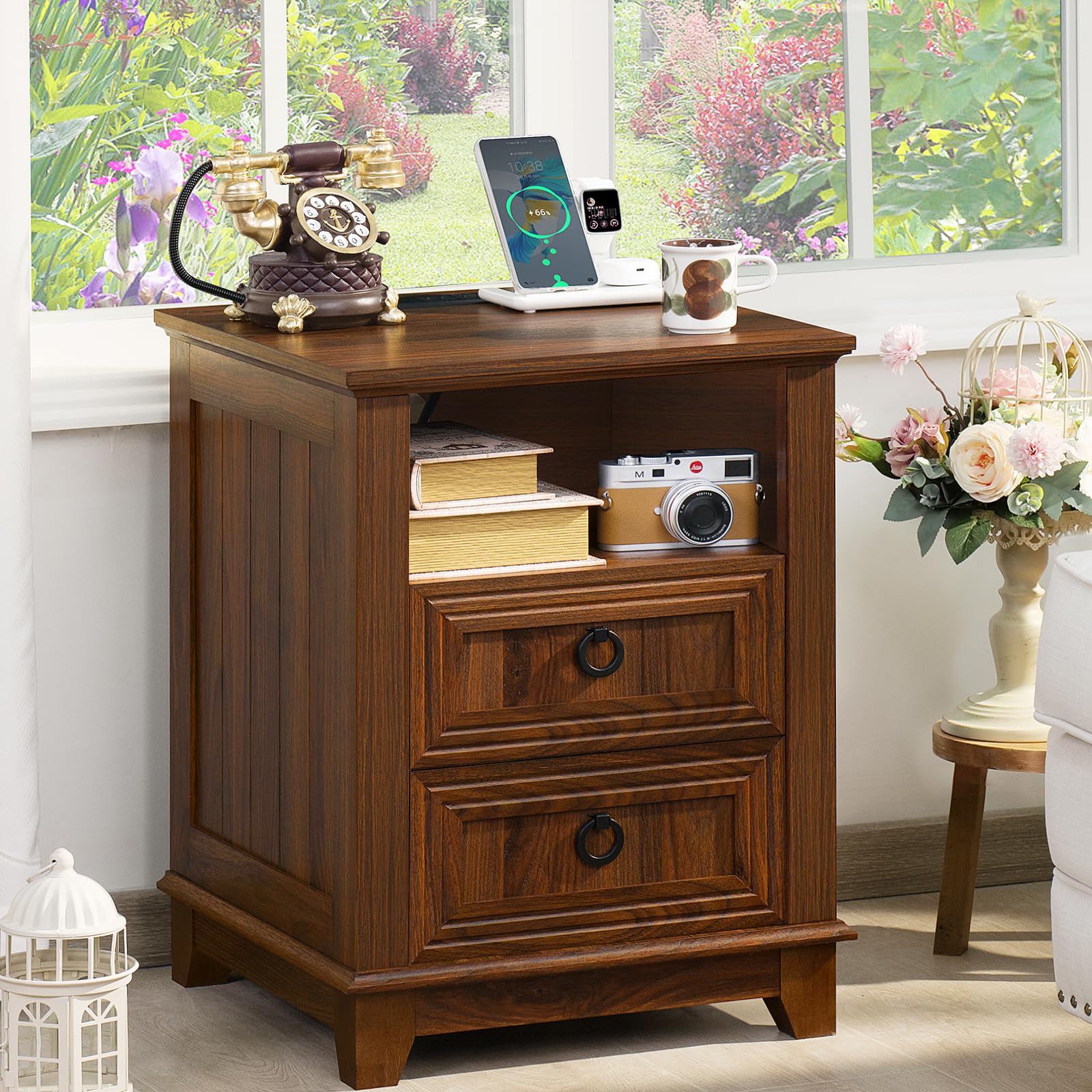 Brown wood nightstand with two drawers and side open storage shelf