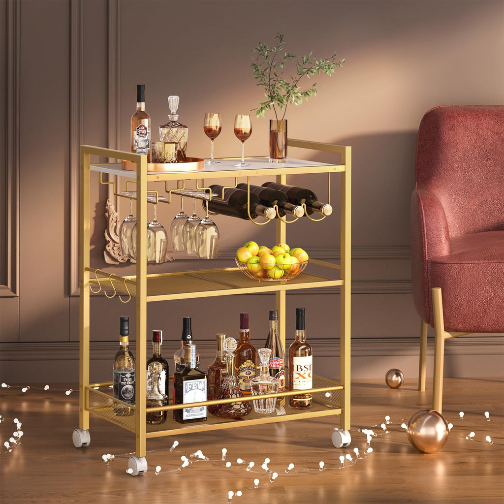 Gold bar cart with 3-tier shelving, wine rack, glass holder, and rolling wheels