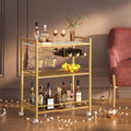 Gold bar cart with 3-tier shelving, wine rack, glass holder, and rolling wheels