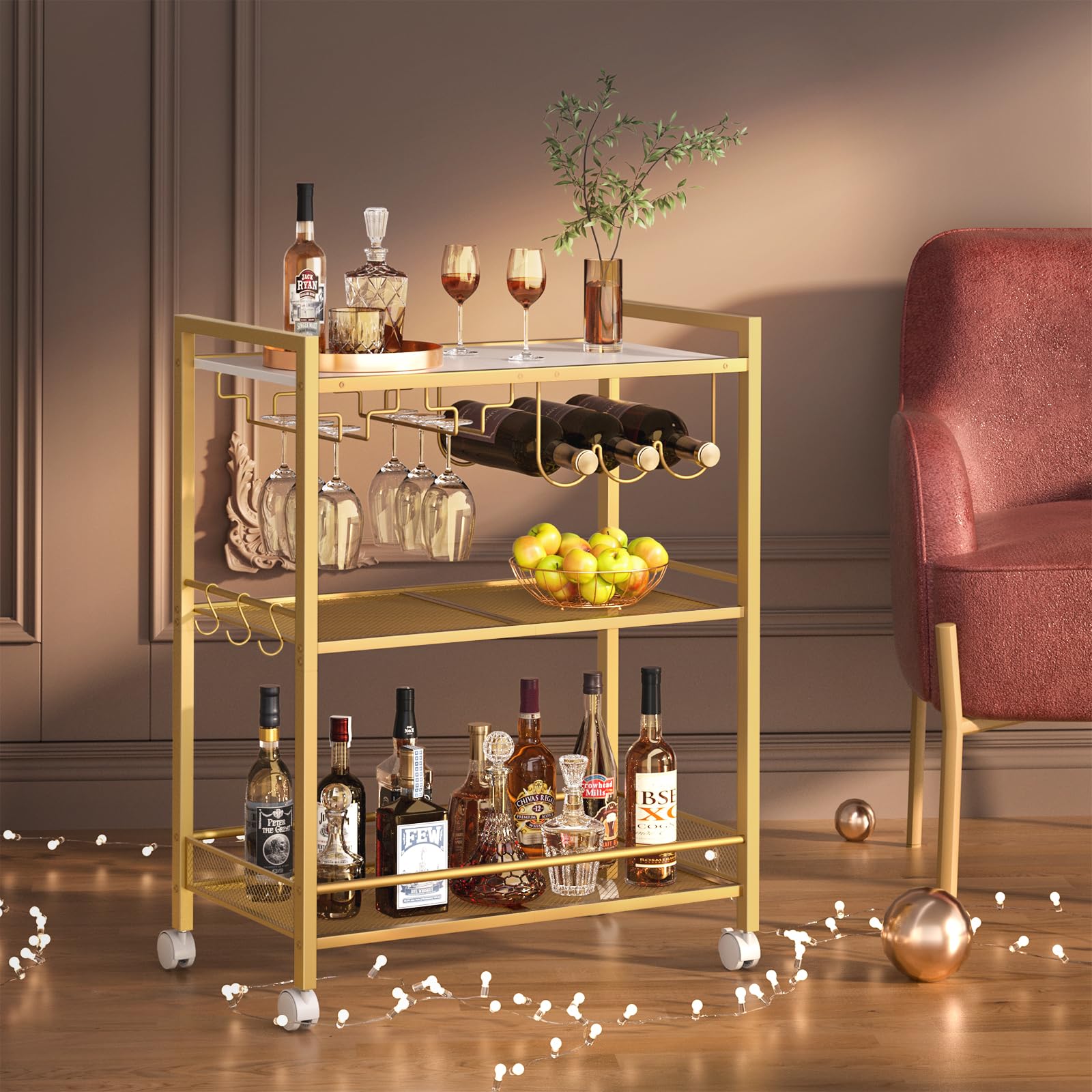 Bar Cart, Home Bar Serving Cart with 3-Tier Shelf,Microwave Cart with Lockable Wheels,Mobile Kitchen Shelf,Rolling Beverage Cart with Wine Rack and Glass Holder for Kitchen,Dinning Room,Gold