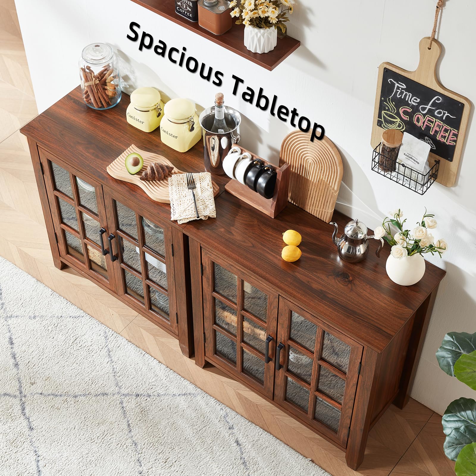 Brown sideboard buffet cabinet with glass doors and ribbed drawer-style panels