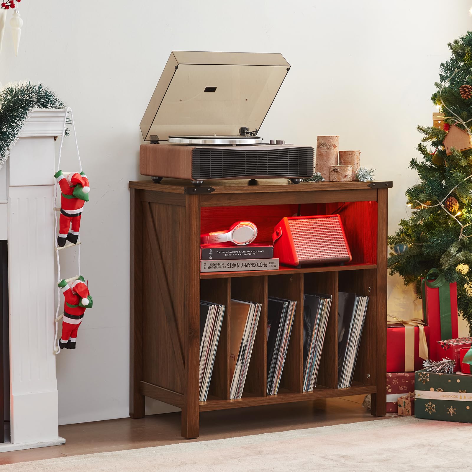Brown record player stand with turntable on top and red LED lighted storage cubby