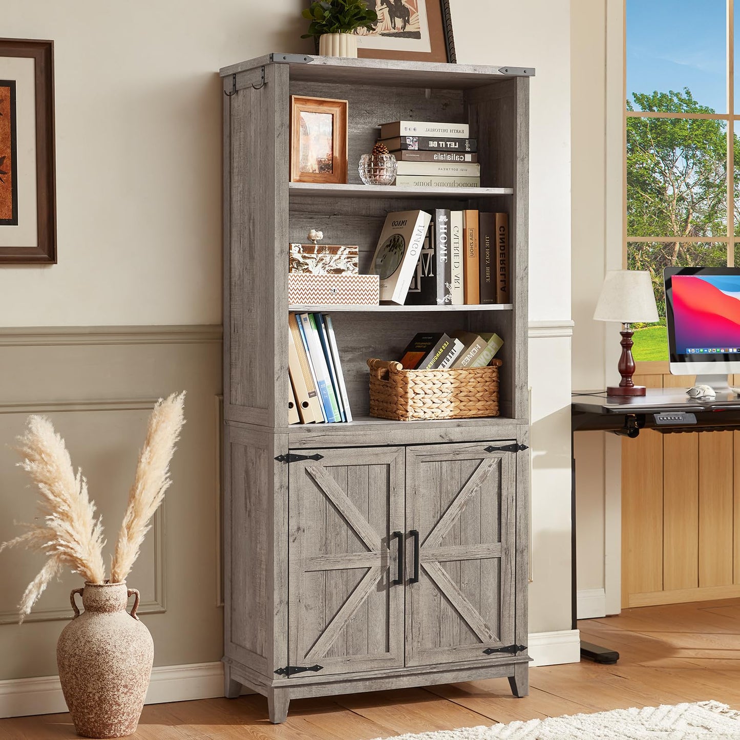 Joaxswe 70in Tall Bookshelf 5 Tier Bookcase with Barn Doors and Adjustable Shelves, Blue Farmhouse Book Shelf with Storage Cabinet, Wood Freestanding Display Bookshelves for Bedroom, Living Room