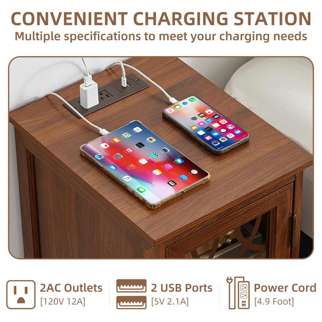 Wood bedside table with glass door showing phone chargers and cables on top