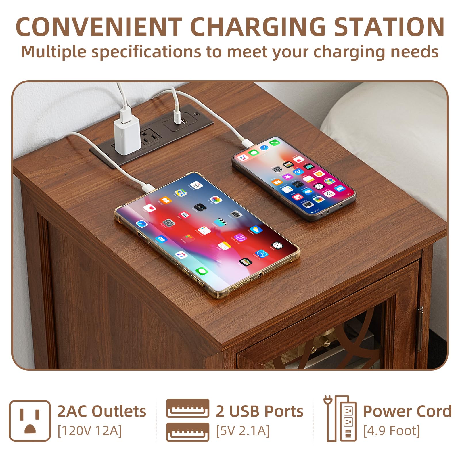 Wood bedside table with glass door showing phone chargers and cables on top