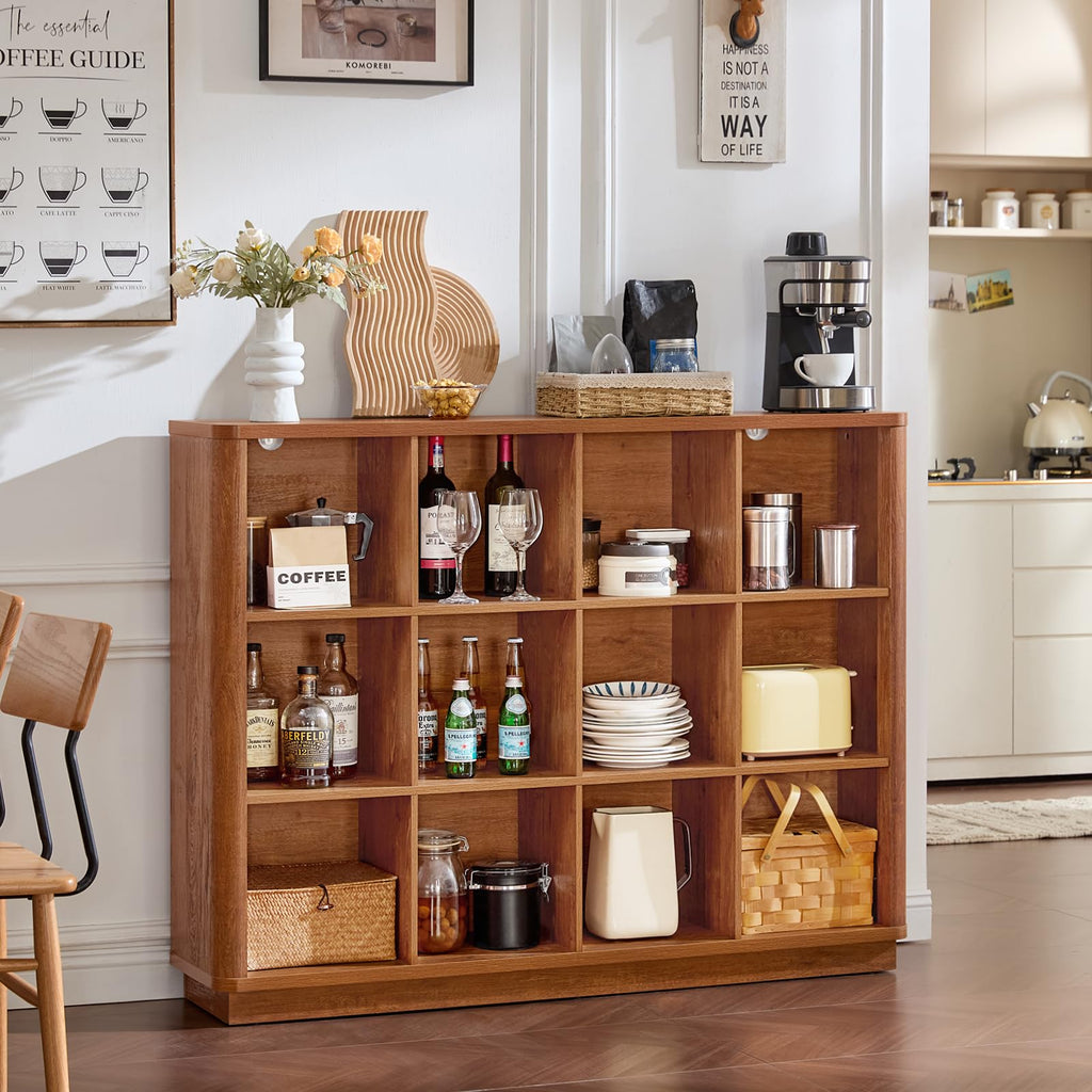 Natural oak low 8-cube storage shelf with open cubbies for kitchen items