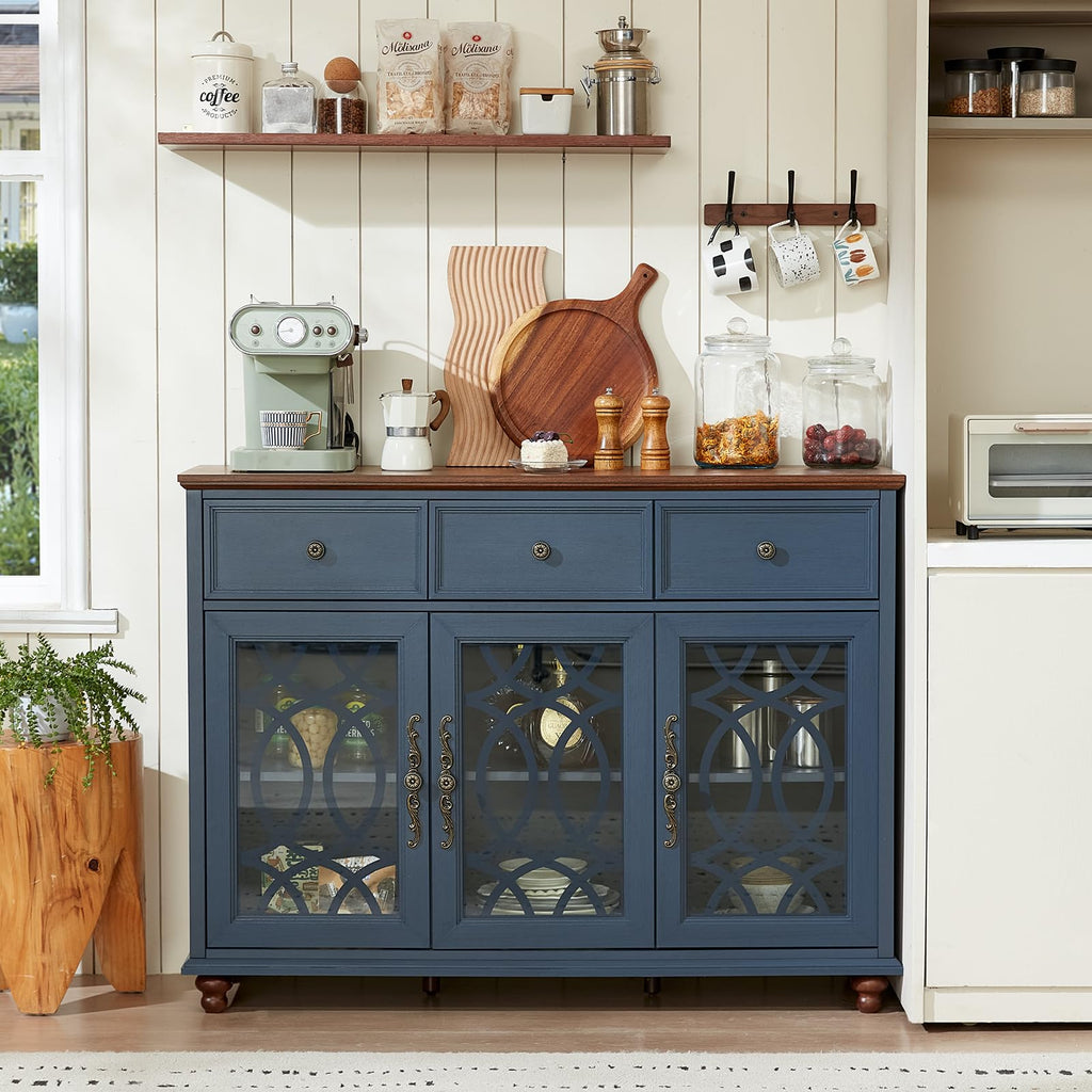 Blue farmhouse sideboard cabinet with three glass doors and two drawers
