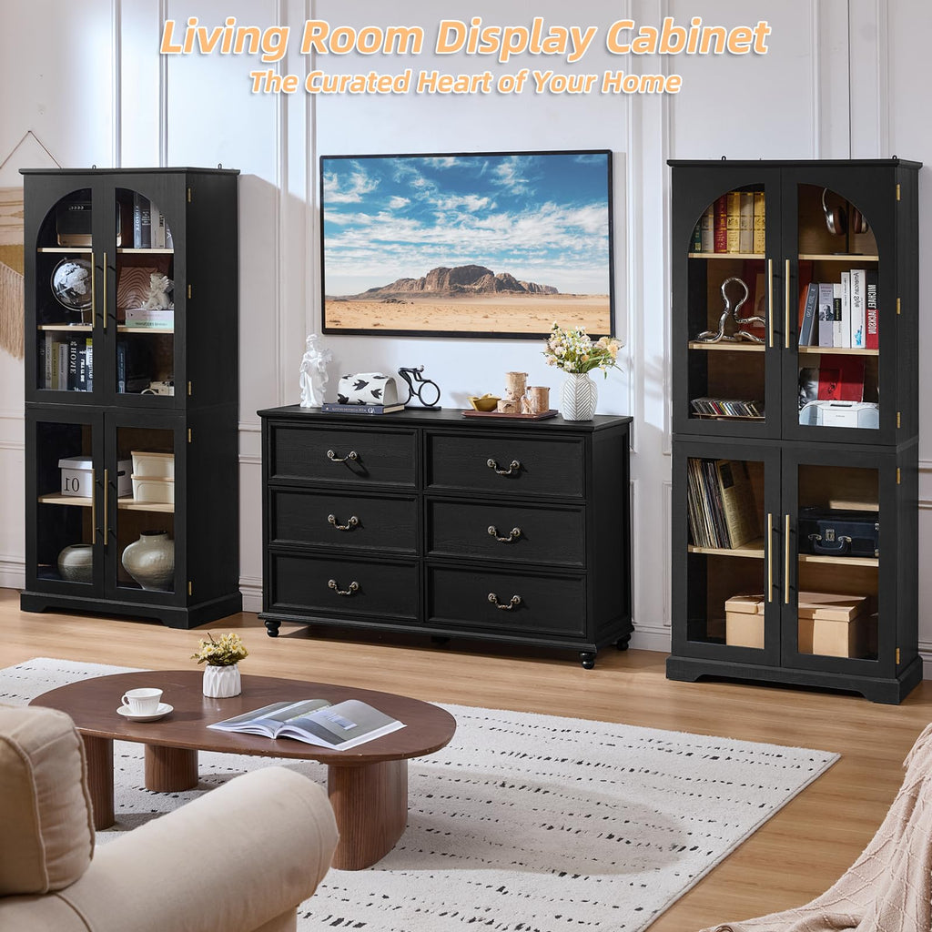 Tall display cabinet in black with 4 curved glass doors and 3-tier adjustable shelving