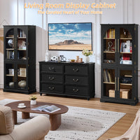 Tall display cabinet in black with 4 curved glass doors and 3-tier adjustable shelving