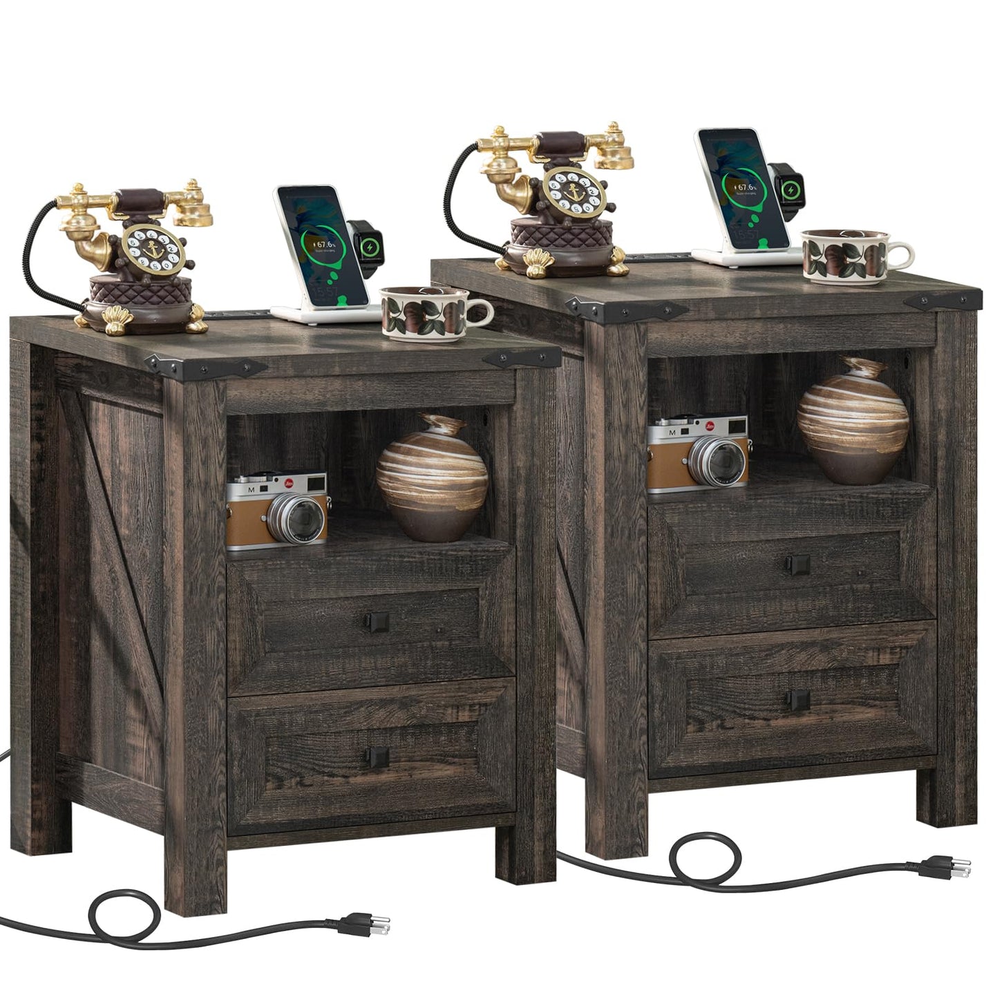 Dark wood farmhouse nightstand with charging top, two drawers, and open shelf