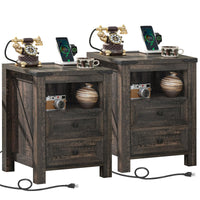 Dark wood farmhouse nightstand with charging top, two drawers, and open shelf