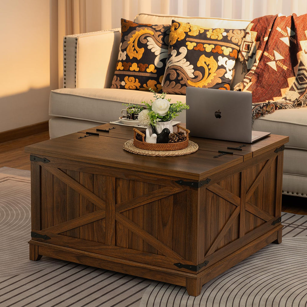 Lift-top coffee table with hidden storage, brown wood with diagonal inlay pattern