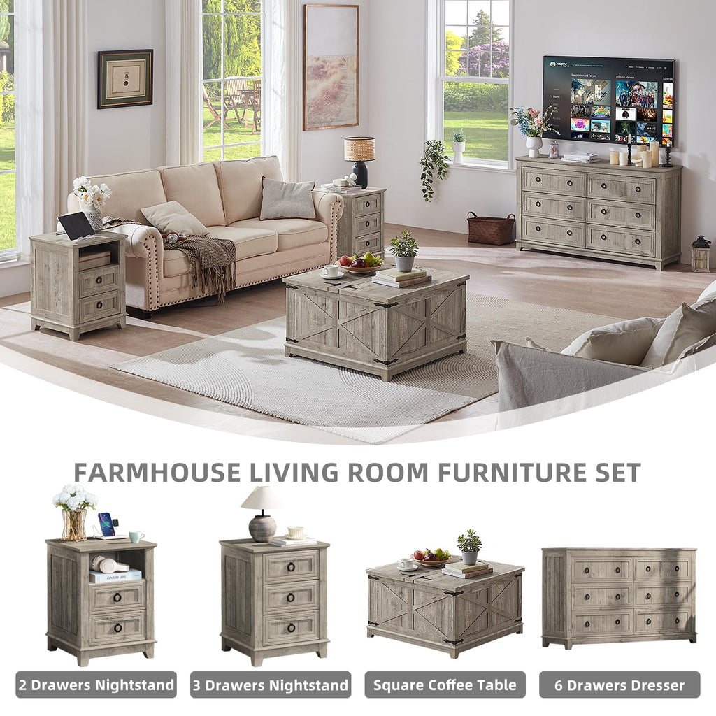 Square coffee table in light rustic wood with hinged lift top and hidden storage