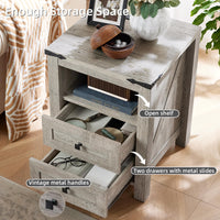 Farmhouse nightstand with open shelf and two drawers with metal slides, wood grain finish.