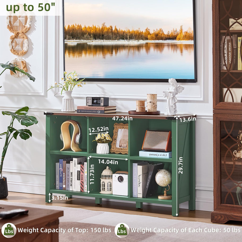 Green console bookcase with open cubby shelves, lower storage compartments, and legs