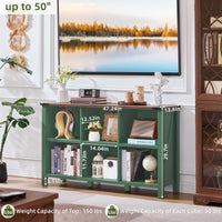 Green console bookcase with open cubby shelves, lower storage compartments, and legs