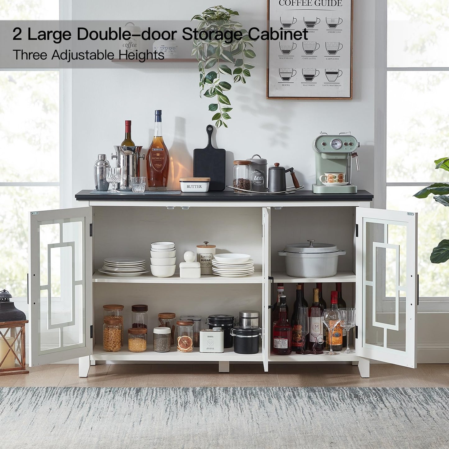 Black double-door cabinet opened to reveal shelves with jars, bowls, and bottles.