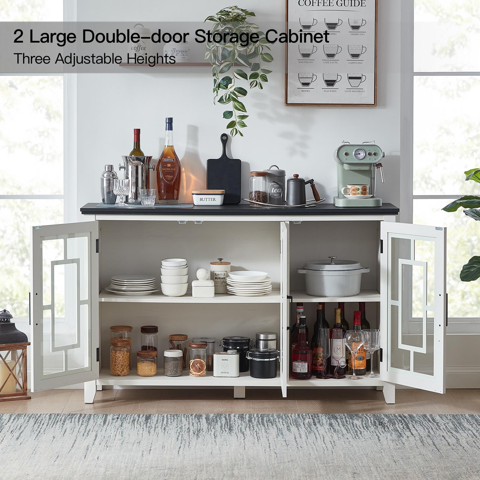 White large double-door storage cabinet with glass doors and organized interior shelves