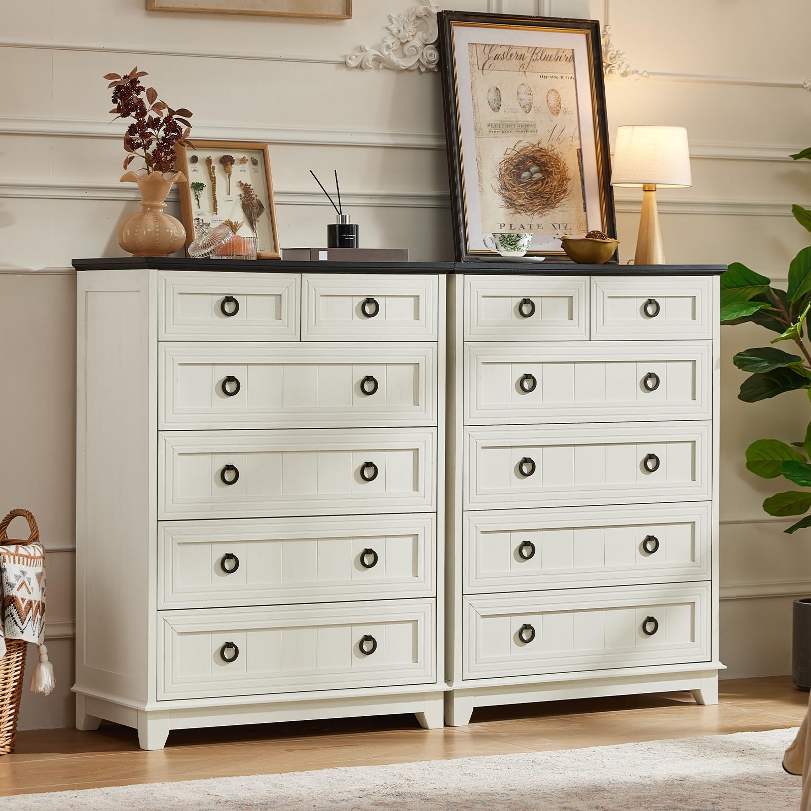 Farmhouse 5-drawer dresser with metal ring pulls, white painted wood cabinet