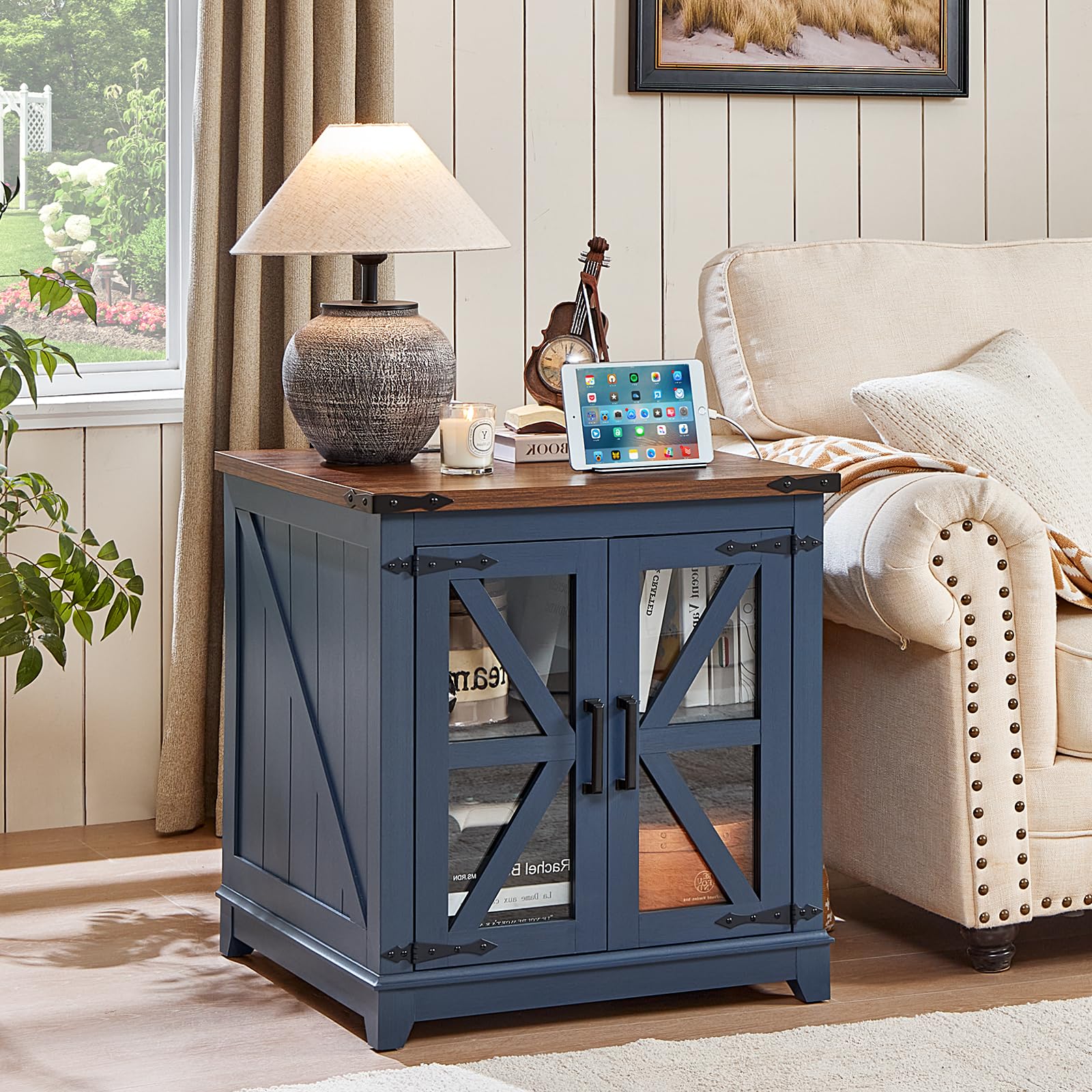 Farmhouse end table with blue cabinet doors and glass panels, wood top, open shelf