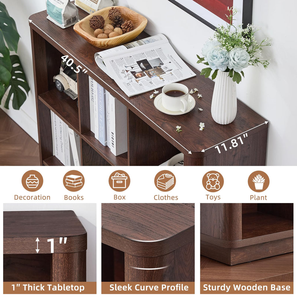 Dark brown cube shelving unit with 8 open cubbies, curved tabletop edge, and solid wooden base